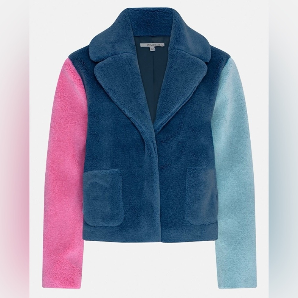 Olivia Rubin Cass Coat Blue Pink Colorblock Faux Shearling Jacket Size 0 - Picture 2 of 9